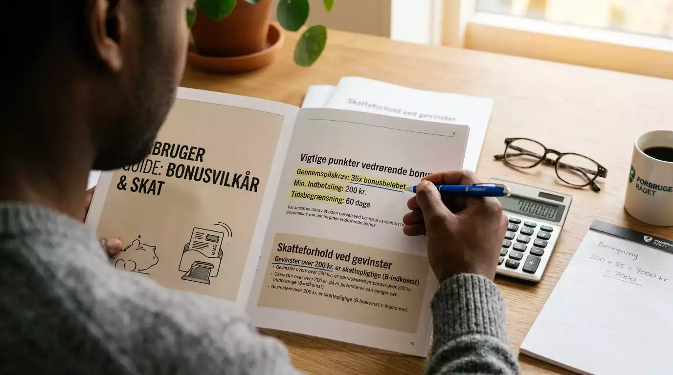 Person læser bonusvilkår og skatteoplysninger med markeringer